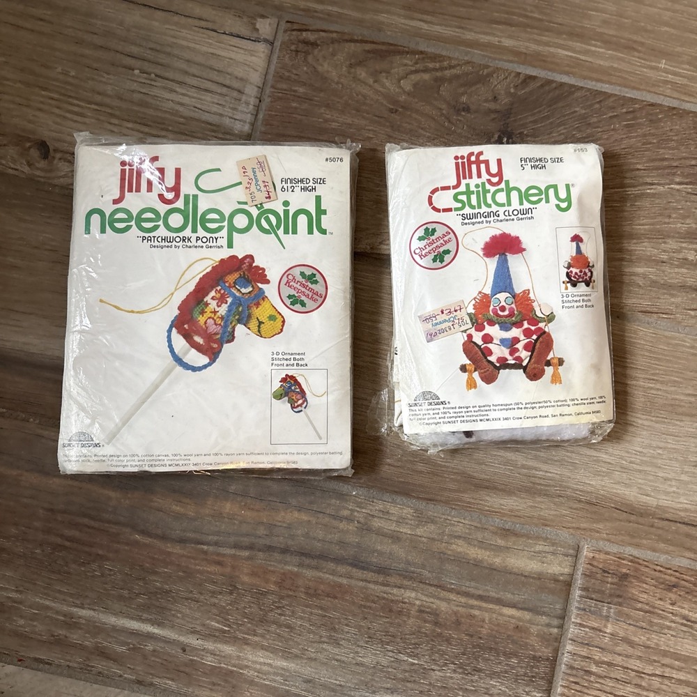 VTG 1970s Jiffy Needlepoint Kit Lot 2"patchwork Pony"& "Swinging Clown" Sealed